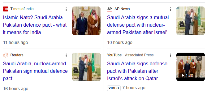 Saudi-Pak. sign a defence  pact that defines ‘attack  on one as attack on both.

Retired Pakistani Brig.  Gen. Feroz Hassan Khan,  in his book on his country’s nuclear weapons program called Eating Grass:  The Making of the Pakistani Bomb, said Saudi Arabia  provided “generous