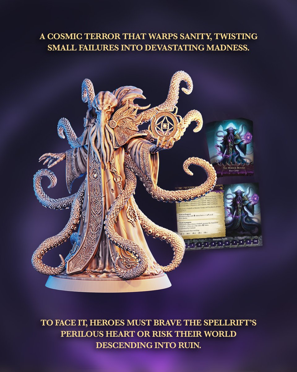Daily Reveal: The Horror Beyond – The Whisperer of Madness.

A cosmic terror that warps sanity, twisting failures into devastating madness. Can your heroes survive its mind-bending trials?

👉 Discover more: gamefound.com/en/projects/dr…

#SpellRiftLegends #BoardGames #DungeonCrawler
