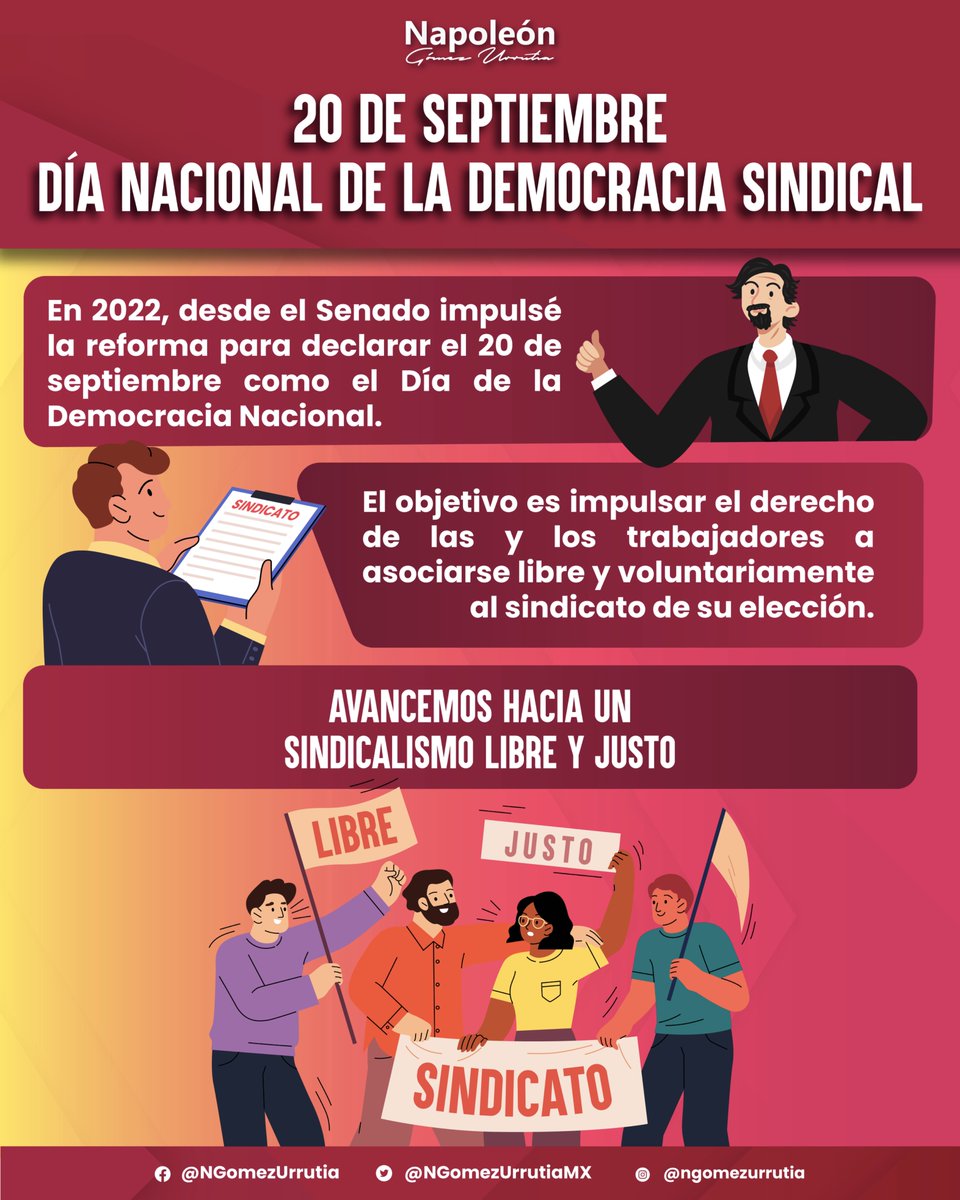 En 2022 cuando ejercía mis labores como Senador, tuve el honor de impulsar la reforma para que cada 20 de septiembre sea conmemorado como el Día Nacional de la Democracia.

Es indudable que no puede haber justicia laboral sin democracia sindical.⚖️
