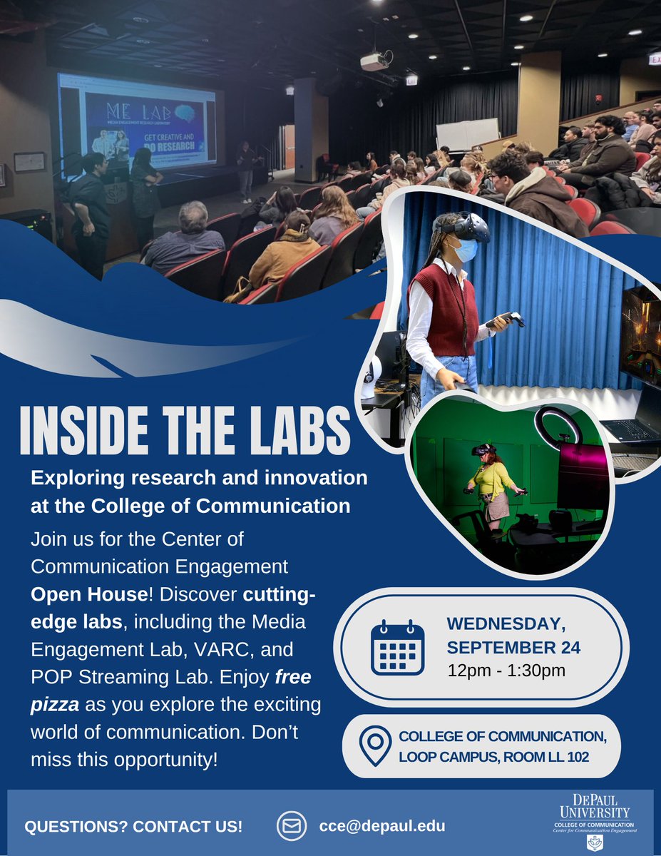 Join us for an exciting Open House hosted by the Center for Communication Engagement. 
📅 Wednesday, September 24
🕛 12:00 PM – 1:30 PM
📍 Loop Campus, Room LL 102
Dive into the future of communication!
Students in all majors welcome. Food available.