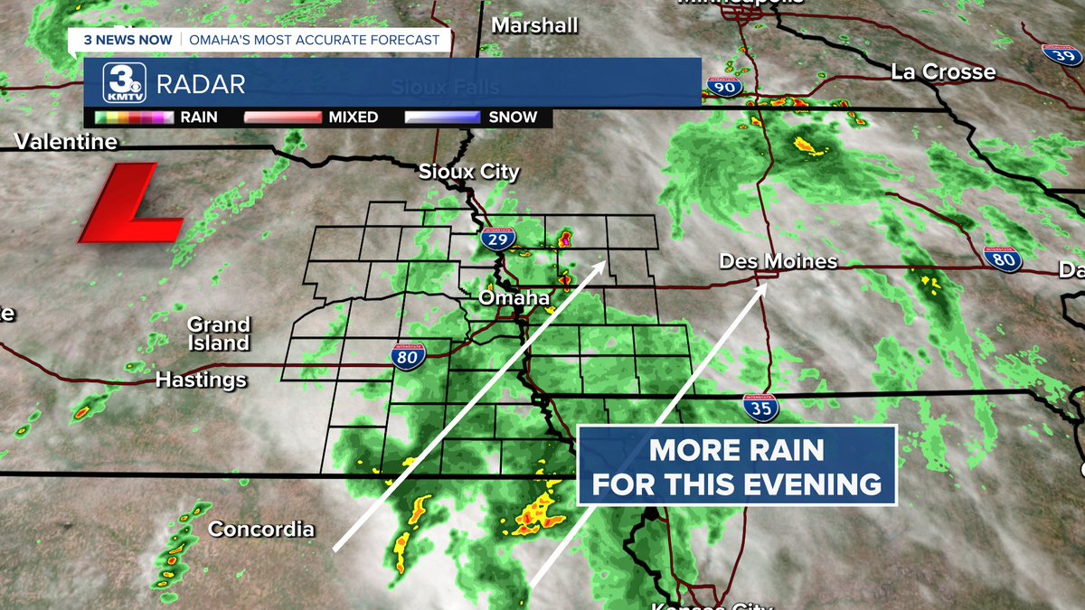 (Thursday 3:30pm) It will be a rainy evening around/south of Omaha. Small hail is possible in a few of these cells. I expect the rain to clear up around midnight. More rain moves back in Friday afternoon, lasting through Friday night/Saturday morning