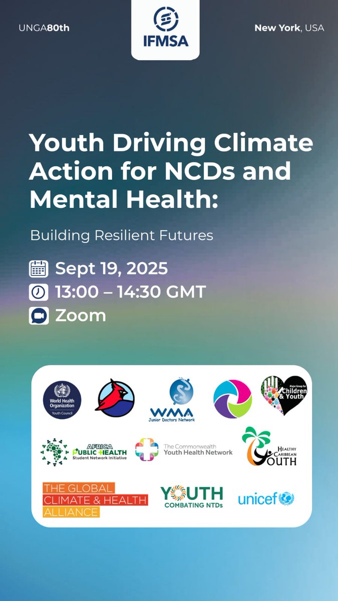 Excited to join the Road to #UNGA High-Level Week as a panelist on Youth Driving Climate Action for NCDs &amp; Mental Health.

I’ll represent <a href="/YouthCNTDs/">Youth Combating NTDs</a> &amp; <a href="/AfricaPHSN/">Africa Public Health Student Network Initiative</a> to highlight climate change, WASH &amp; NTDs.

👉 Join us: ifmsa.zoom.us/meeting/regist…
