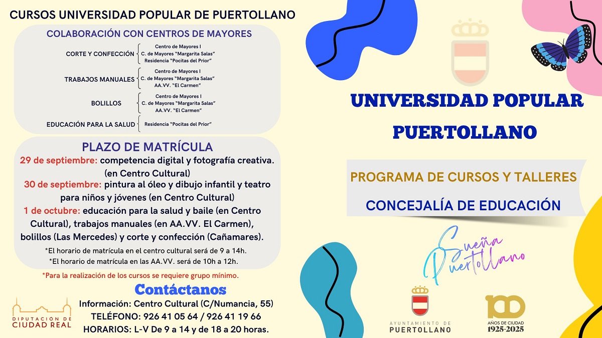 🎭🕹 Universidad Popular 2025-26: teatro infantil/juvenil, taller de videojuegos, pintura, fotografía, informática, baile y manualidades. 

📅 Matrículas del 29/9 al 1/10 en el Centro Cultural y asociaciones vecinales.
