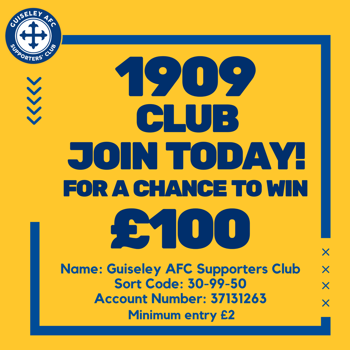 There's still time to win £100 in our September's 1909 Club draw 🙌

Join before 11:59pm on Tuesday 30th September for your chance to win.

Want more info? Follow the link: guiseleyafcsupportersclub.com/join-the-1909-… 

#GAFC #GuiseleyTogether