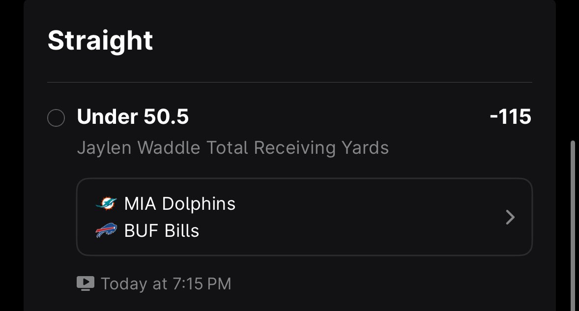 💥TNF PICK OF THE DAY💥

Jaylen Waddle Under 50.5 YDs -115

Waddle has been held under this mark the last 3 times he’s played the Bills. 

I believe the Bills will do everything they can to eliminate Tyreek/Waddle’s big play ability, so this feels like a lock to me. 

Let’s ride!