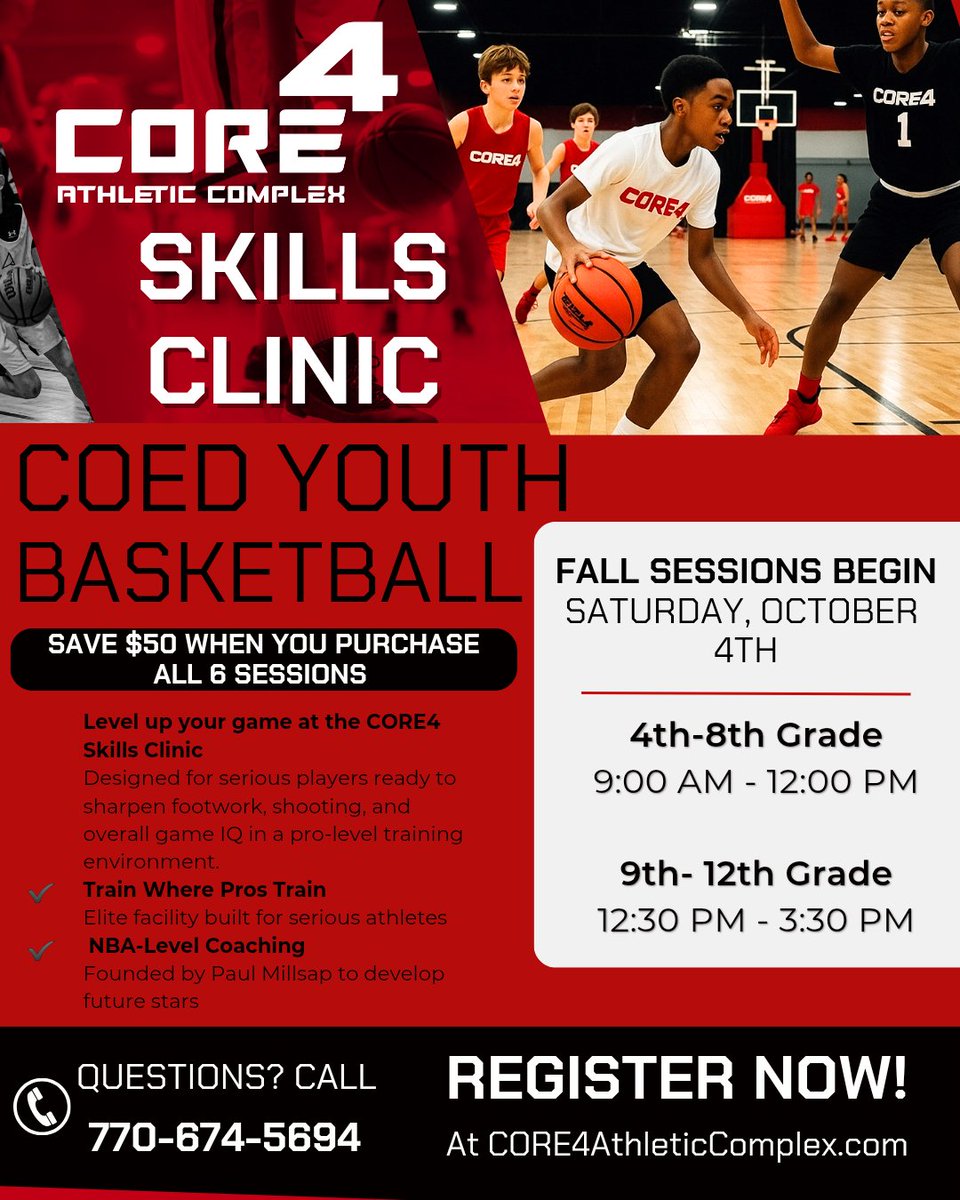 🚨 CORE4 Skills Clinic is here! 🚨
Fall sessions begin Saturday, October 4th🏀

✔️ Coed Youth Basketball (Grades 4–12)
✔️ Save $50 when you register for all 6 sessions!

SATURDAYS 9:00 AM – 3:30 PM

🔗 Register now at the link in our bio!

#CORE4 #SkillsClinic #YouthBasketball