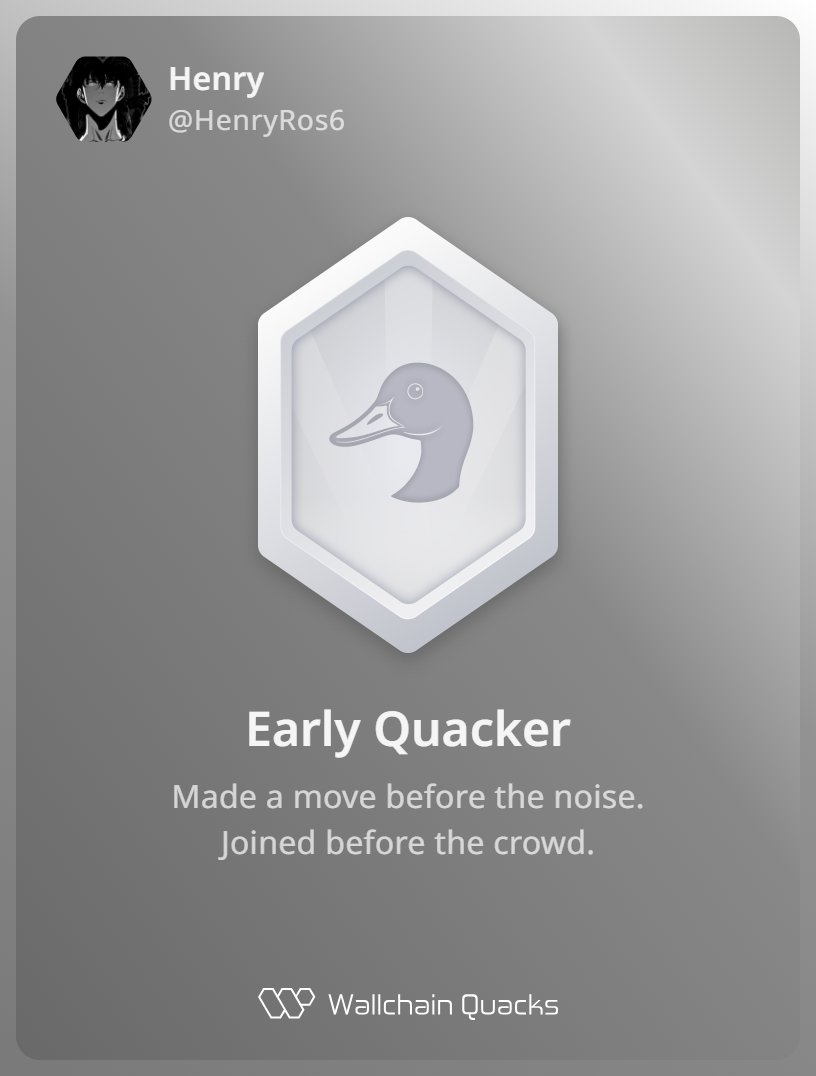 Just unlocked the Early Quacker on <a href="/wallchain_xyz/">Wallchain Quacks</a> 🏆

How cool is that?

Feels great to have my contributions recognized.

How’s Wallchain Quacks been treating you so far?

Not on board yet? Drop a comment for an invite 👇🦆