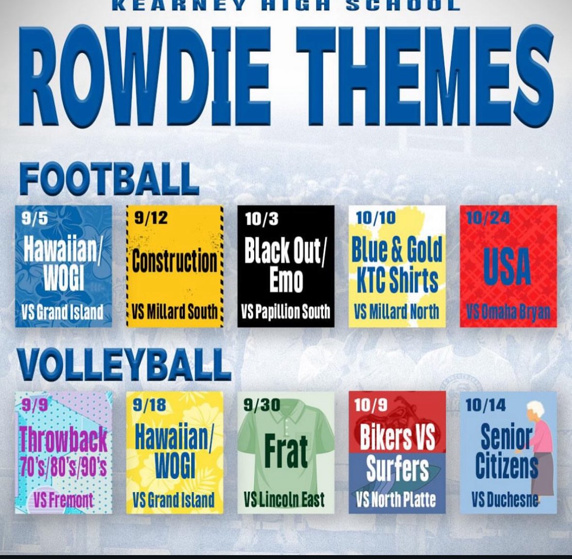 ryanhogue24's tweet photo. 🐾 TONIGHT’s Theme Bearcats!  
&amp; also the remaining Fall Rowdie Themes!  FREE PIZZA 🍕 TONIGHT!  **Softball will be announced soon as well! @KHSRowdies @KearneyBearcats @KHSbearcatFB @khsvolleyball https://t.co/vB1H0iqYKB