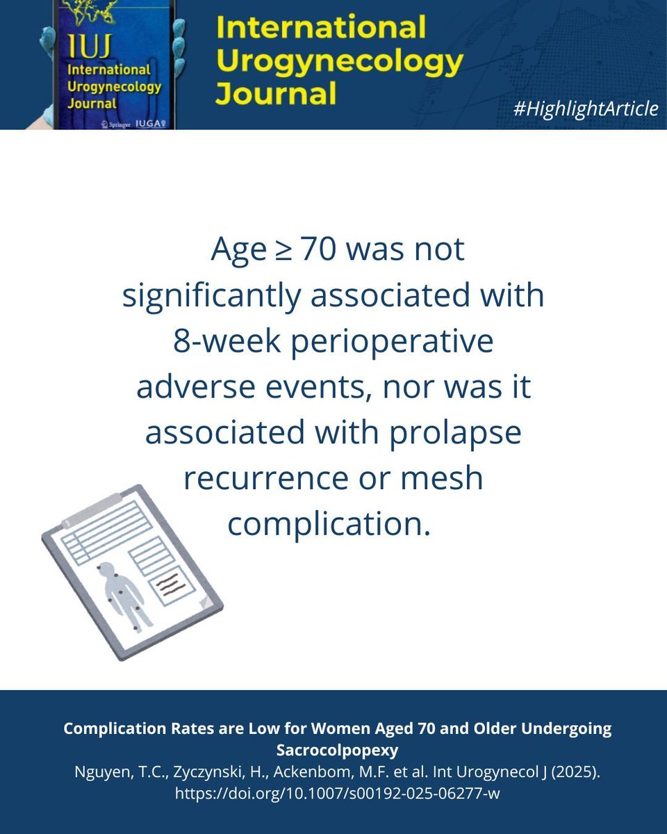 #HighlightArticle: This retrospective study shows that age ≥ 70 is not significantly associated with increased complication rates in women undergoing sacrocolpopexy.

📌 link.springer.com/article/10.100… 

@clinmedjournals <a href="/iugaoffice/">International Urogynecological Association (IUGA)</a>

#urogynecology #iuj_bluejournal #prolapsesurgery