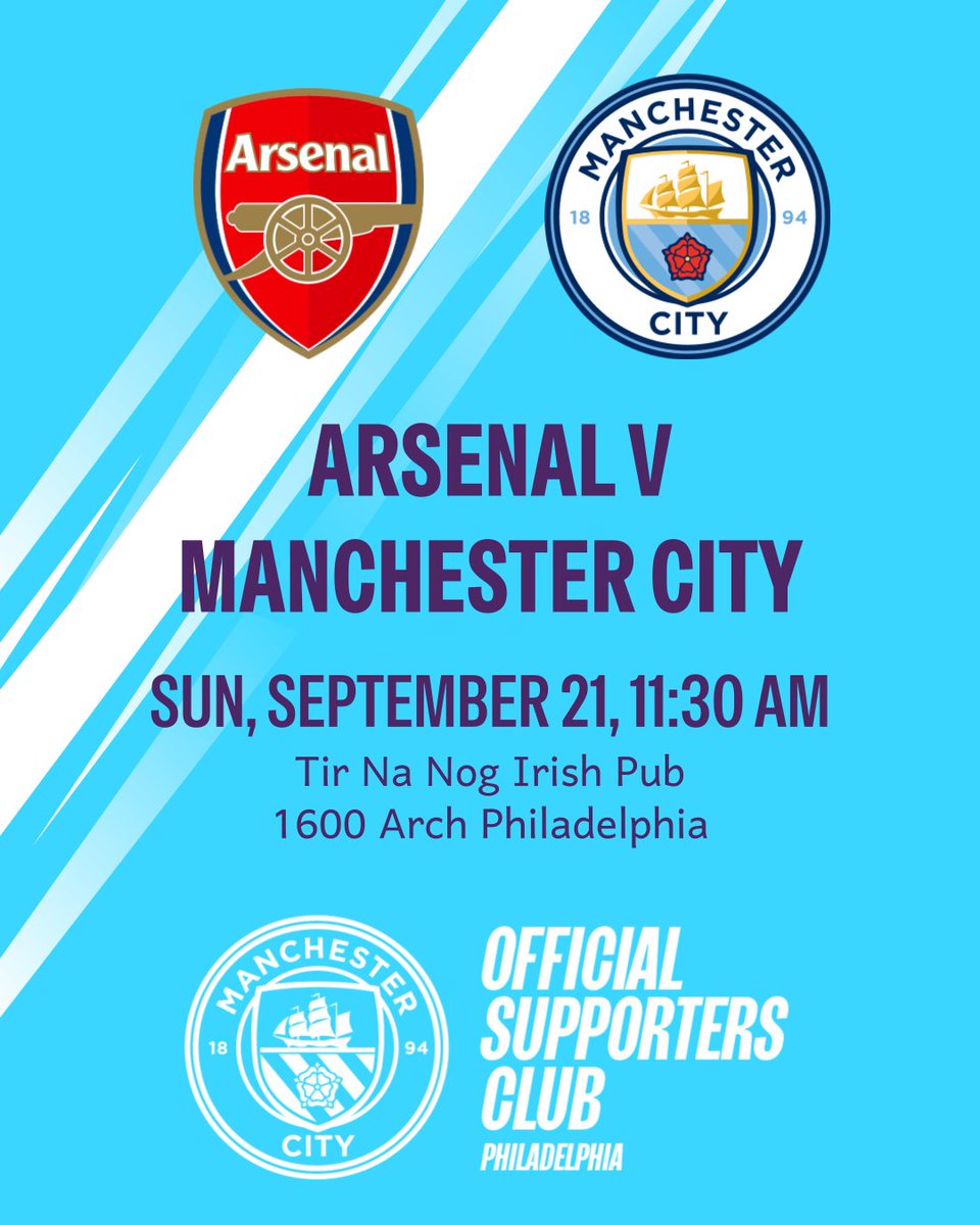 Join us at Tir Na Nog to find out if we can still do it after Thursday CL. Plus, maybe win an City x Oasis t-shirt.

Set off early: there's a run on the Parkway

Arsenal v Man City
Sun, Sep 21 at 11:30AM
Tir Na Nog - 1600 Arch

#ARSMCI #CmonCity #MancityUS #MancityOSC #mcfcphilly