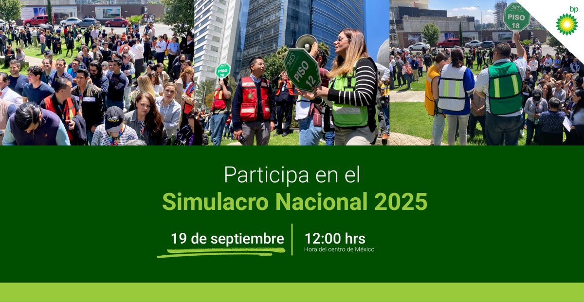 bp_MEX's tweet photo. 📍19 de septiembre | 12:00 h
En bp México nos sumamos al #SimulacroNacional2025, porque para nosotros la seguridad es lo primero. 🛡️
💡 Estar preparados es clave para responder con responsabilidad ante cualquier emergencia.
#Simulacro19S #bpMéxico #CulturaDePrevención https://t.co/AUe7dZid0P