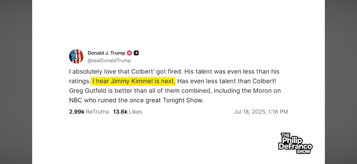 CasterLogic's tweet image. Like I really just can’t get over the president openly censoring talk show hosts

2 months ago said Jimmy Kimmel would be next after he got Colbert fired.

And btw, the head of the fcc basically said get rid of Jimmy or we will.  I legit feel like we’re moving towards a country…