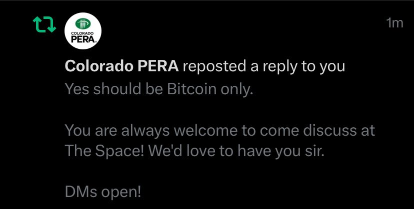 So ColoradoPERA (Public Employees’ Retirement Association) just retweeted a <a href="/SpaceDenver/">The Space</a> tweet. We are so back.