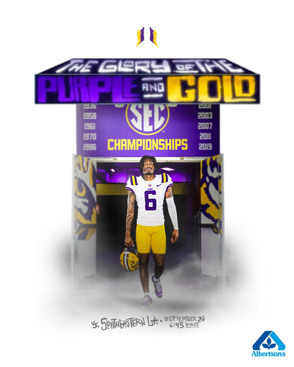 LSUfootball's tweet photo. The Glory of the Purple and Gold. Opportunity No. 3 in Tiger Stadium this season. https://t.co/oCteW9sasU
