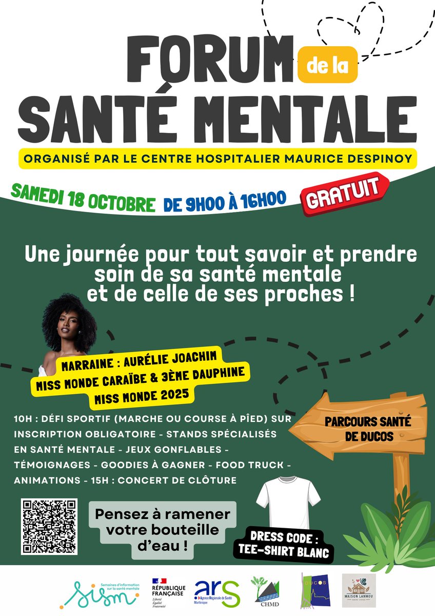 Le CHMD, établissement unique de santé mentale en Martinique, a le plaisir de vous inviter au 𝐅𝐨𝐫𝐮𝐦 𝐝𝐞 𝐥𝐚 𝐬𝐚𝐧𝐭𝐞́ 𝐦𝐞𝐧𝐭𝐚𝐥𝐞, le 18 octobre 2025.
Venez nombreux pour découvrir les dispositifs et solutions d’aide et d’accompagnement du territoire ! <a href="/Sism_Officiel/">SISM</a>