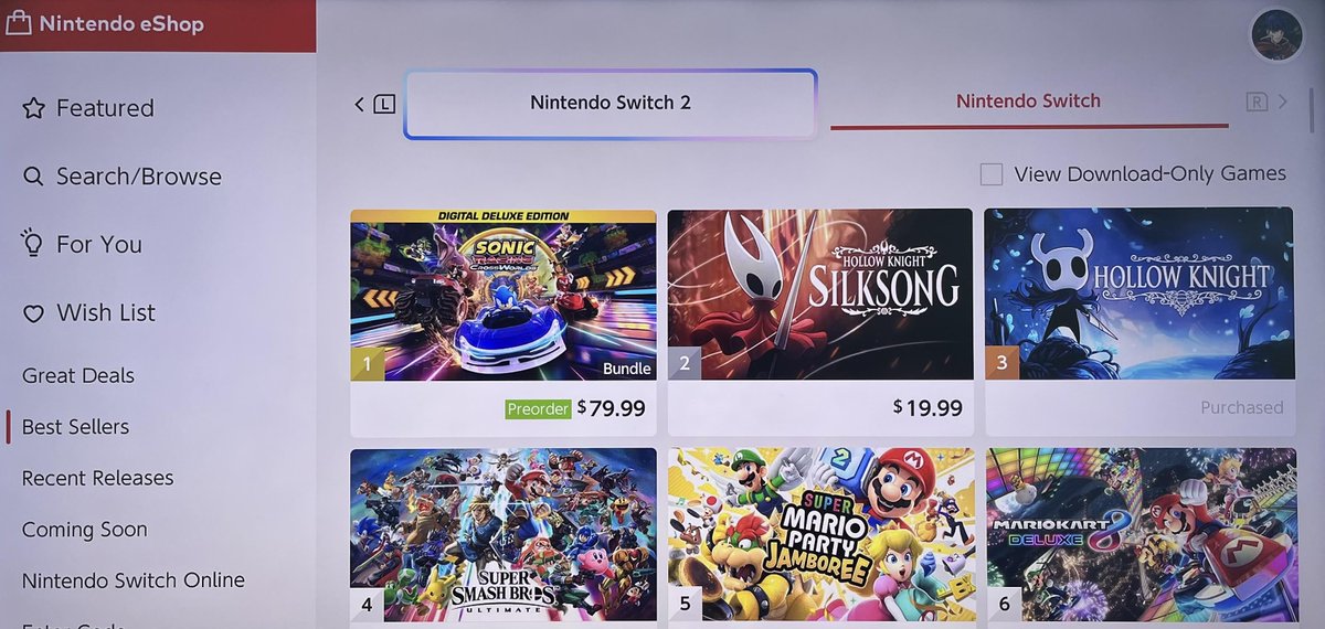 Sonic Racing CrossWorlds is #1 on the Switch eShop. 

Both Hollow Knight games continue to do extremely well.