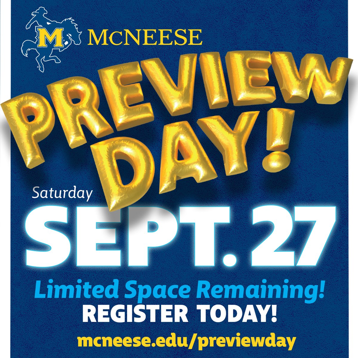 McNeese Preview Day is next Saturday! All high school students and their families are invited to join us to find their breakthrough, their passion and their new home at McNeese! Register today!  mcneese.edu/admissions/pre…