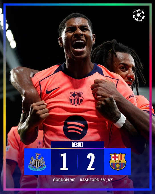 Marcus Rashford wearing a red Barcelona jersey with a Spotify logo, celebrating with arms raised. Another player in a similar jersey stands behind him. The image shows a soccer match setting with bright lights. Text overlays display Newcastle 1, Barcelona 2, and goal scorers Gordon 90\' and Rashford 58\' 67\'. A UEFA Champions League logo is visible at the top.