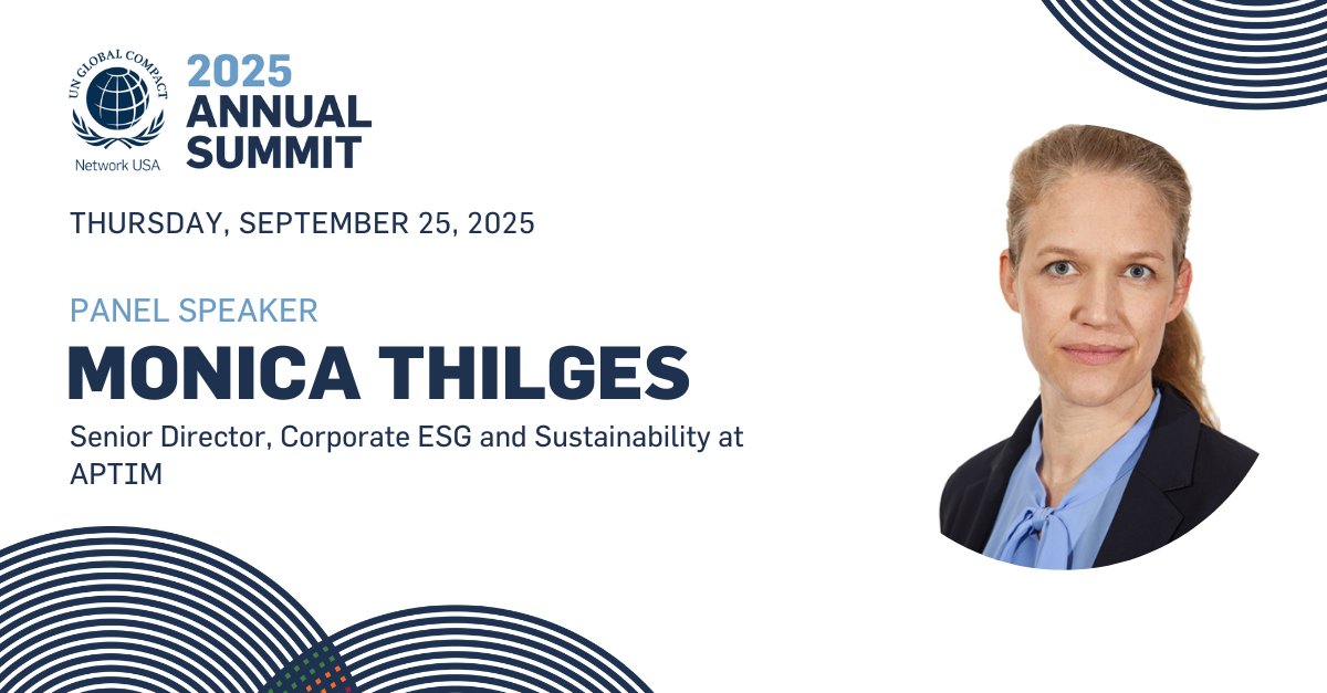 aptimglobal's tweet photo. 🌍 APTIM’s Monica Thilges will speak at the @GlobalCompactUS Annual Summit during #UNGA, joining leaders on “Making the Ten Principles Work.” ➡️ https://t.co/uQbjhequWS 

#UNGCUSASummit #OneGlobalCompact #GlobalGoals #UnitingBusiness #ResponsibleBusiness #CorporateSustainability https://t.co/LXqAWROLiu