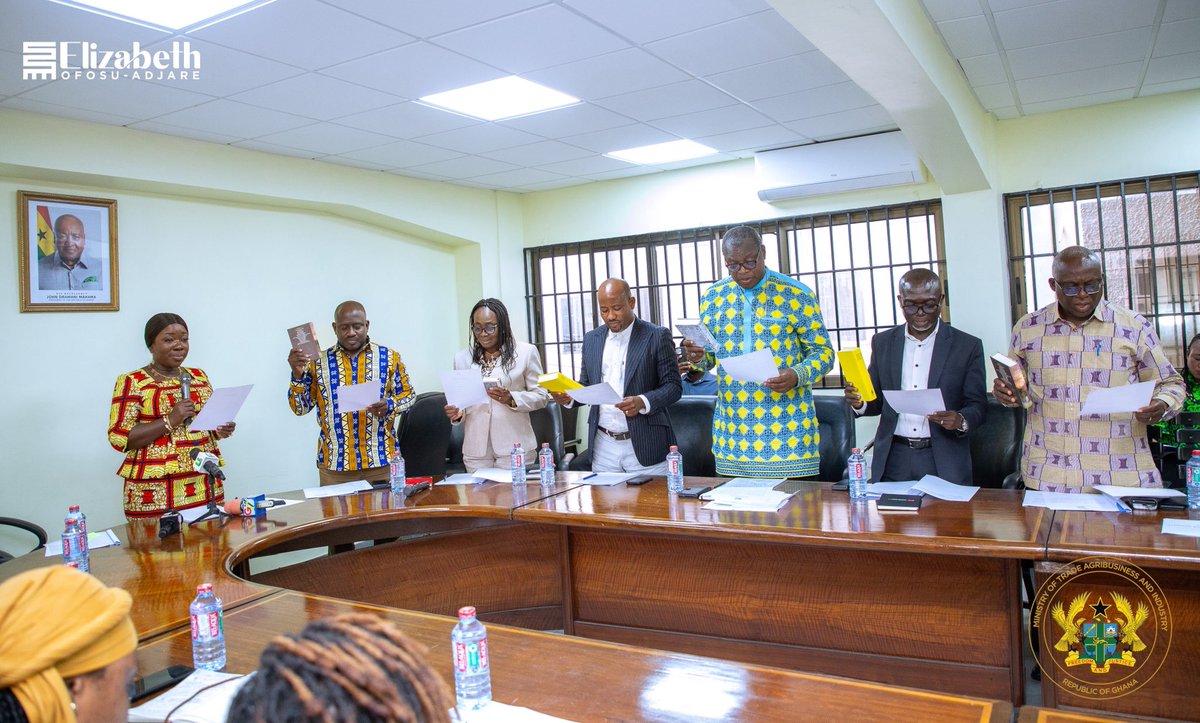 ofosu_adjare's tweet photo. Today, I inaugurated the 4th Portland Cement Monitoring Committee (PCMC IV) at the Ministry of Trade, Agribusiness, and Industry. I tasked the members with protecting the integrity of Ghana’s cement industry and ensuring strict compliance with industry standards.

The Committee, chaired by Mr. Noah Tumfo (Chief Director, MOTAI), includes the following members: Ms. Suweibatu Adams (MESTI), Mr. Benjamin Yeboah (GUTA), Ing. Clifford Frimpong (GSA), Rev. Dr. George Dawson-Ahmoah (Cement Manufacturers), Mr. Emmanuel Ohene (GRA Customs), Ing. Stephen Ablormeti (GREDA), Mr. Frank Huber (GHACEM/AGI), and Ing. Stephen Ampiaw (GPHA).

I urged them to work diligently to protect the sector from substandard imports, cement smuggling, and practices that undermine local producers. Cement is the backbone of our infrastructure; schools, hospitals, roads, and homes all depend on it.

Together, let us build a stronger and more resilient industry for Ghana. We must safeguard this vital sector that underpins our country's infrastructure and development.