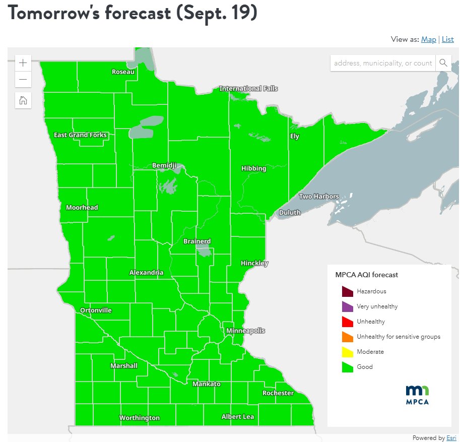Here is the air quality forecast for today, September 18, and tomorrow, Friday, September 19. Find more information, including a forecast discussion, at pca.state.mn.us/air-water-land… #aqi #mnwx