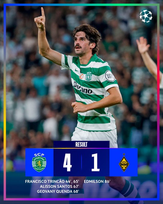 Francisco Trincão raising one arm, wearing a green and white striped Sporting CP jersey with the UEFA Champions League logo. Alisson Santos and Geovany Quenda visible in text overlay, also in Sporting CP jerseys. Edmilson in a yellow and black jersey. A crowd in the background.
