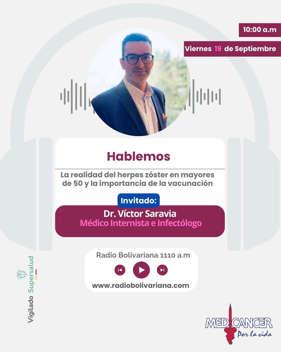 Medicancer's tweet image. Sintoniza nuestro programa radial y #Hablemos. 

El herpes zóster (culebrilla) afecta principalmente a personas mayores de 50 años o más y representa un riesgo para el 99% de los adultos en este rango de edad.  ¿Se puede prevenir? ¿Qué tan grave es?

Participa 📞604 - 354 84 30.