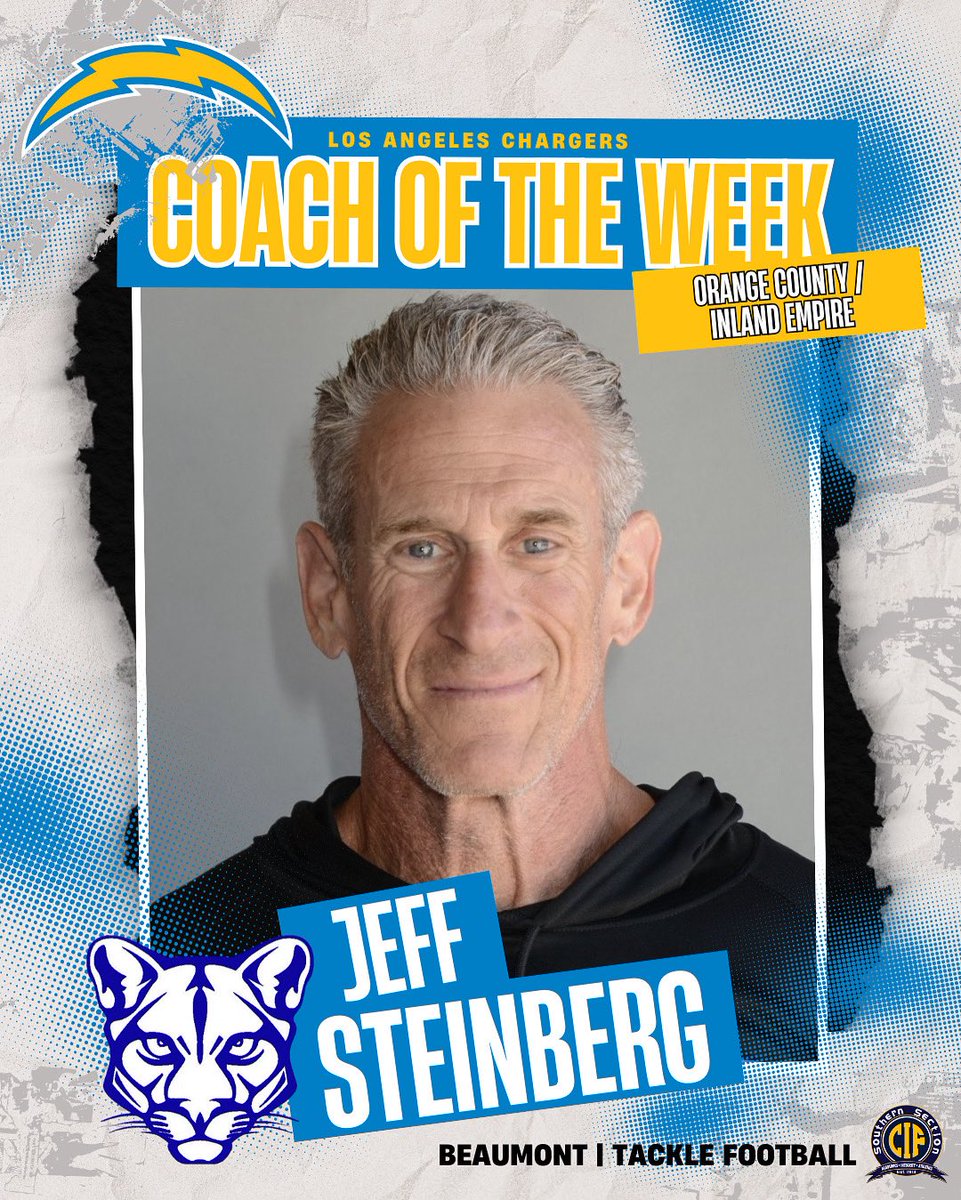 Congratulations to Coach Jeff Steinberg from Beaumont HS for being the Week 3️⃣ <a href="/ChargersCR/">Chargers Community</a> OC/IE Tackle Football Coach of the Week! ⚡️🏈

#CIFSS #CIFSSFootball #ChargersCOTW #coachoftheweek