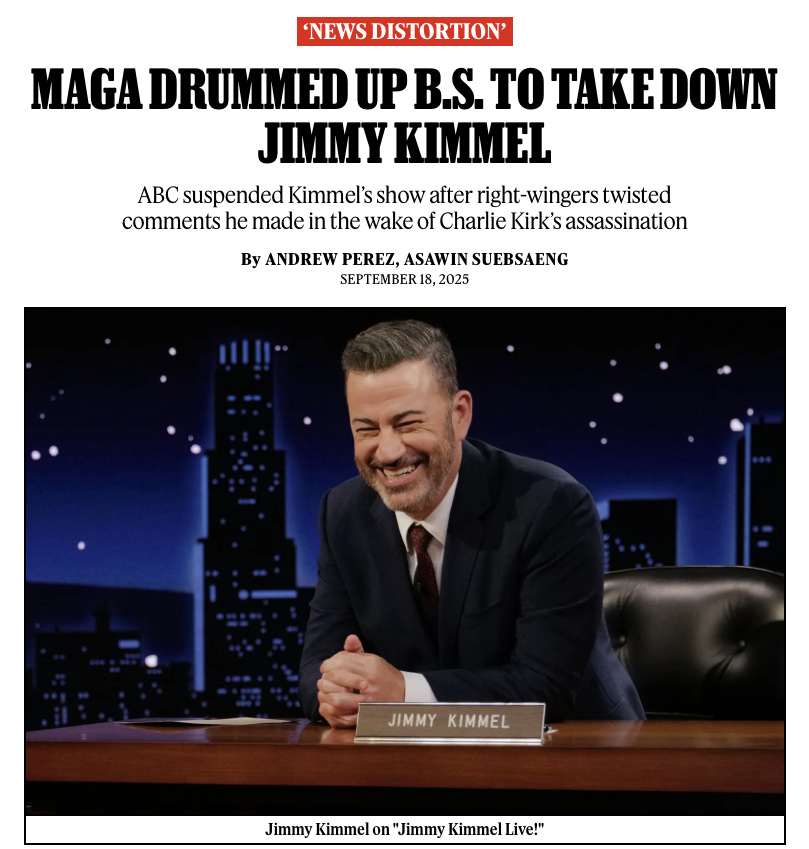 Conservative media and Trump’s FCC chair have claimed Jimmy Kimmel said Charlie Kirk’s shooter is MAGA.

But Kimmel didn't actually say that.

Story: rollingstone.com/politics/polit…