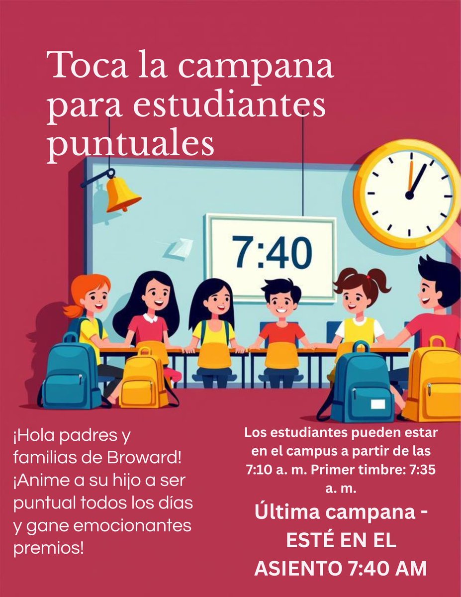 Broward_ES's tweet photo. ⏰🔔 Beat the Bell at Broward Elementary! Students should be in their seats by the 7:40 AM bell. On-time scholars can earn special prizes 🎉. Let’s build great habits for a successful day of learning! 🌟 #BeatTheBell #OnTimeEveryTime @TransformHCPS https://t.co/aeNTIg59tE