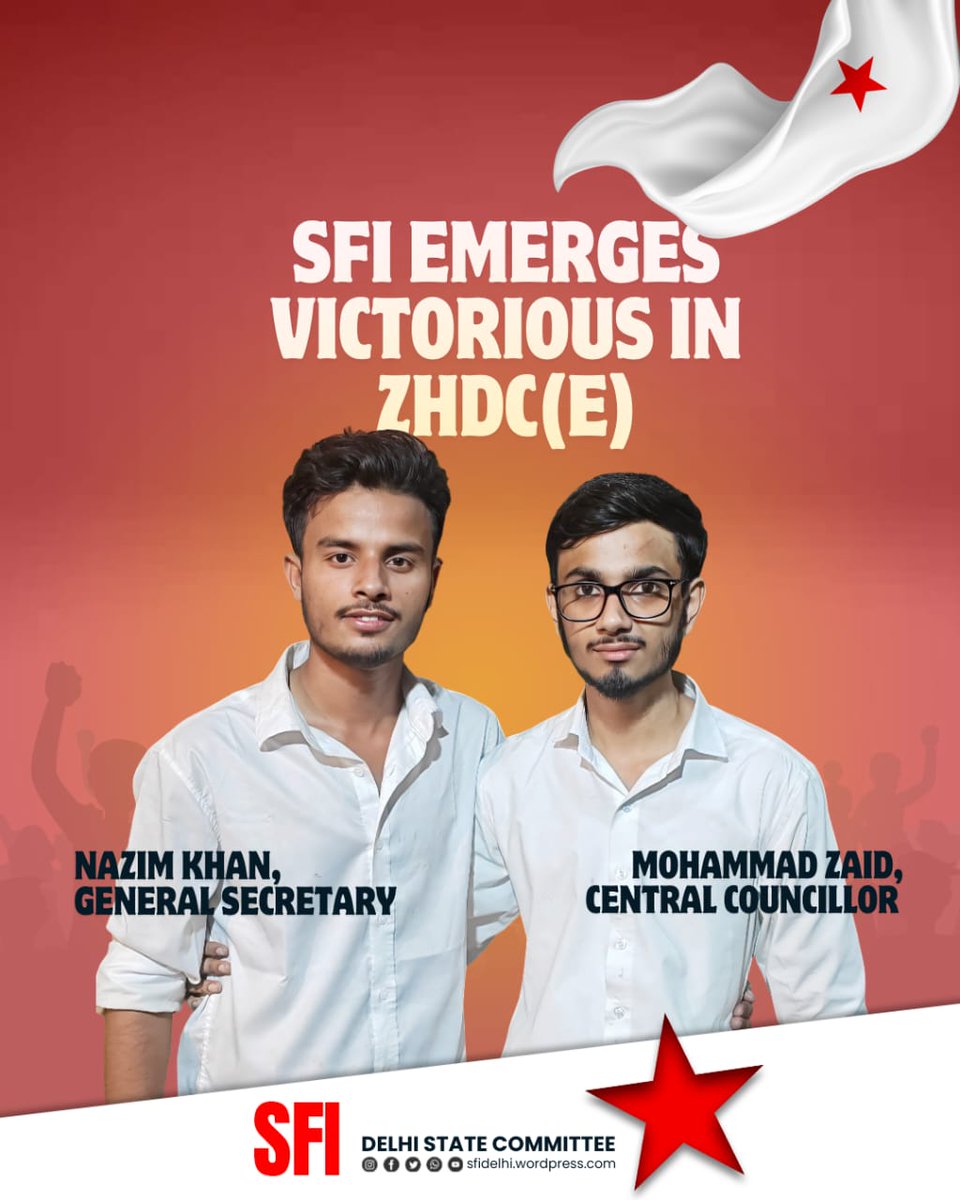 SfiDelhi's tweet photo. SFI IN ZAKIR 🔥

REVOLUTIONARY GREETINGS TO COMRADE NAZIM KHAN FOR WINNING THE GENERAL SECRETARY AND COMRADE MOHAMMAD ZAID FOR WINNING CENTRAL COUNCIL IN ZAKIR EVENING!

#redsalute #dusu2025 #dusu #sfidu #SFI4DUSU #sfidelhi #sficec #studyandstruggle #delhiuniversityupdates https://t.co/M4FCK18xF7