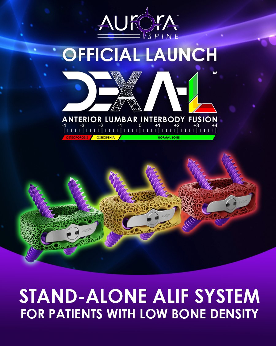 AuroraSpine's tweet image. #PressRelease | Aurora Spine Announces Launch of its DEXA-L™ Anterior Lumbar Interbody Fusion Device
#GreatNews #spinesurgery #medicalinnovation #BoneDensityMatchedImplants

Read the press release here:

globenewswire.com/news-release/2…