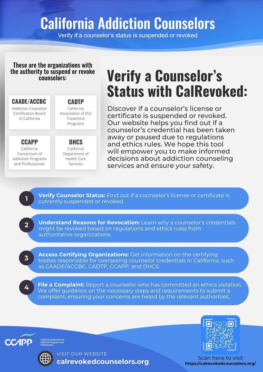Is your counselor's status suspended or revoked? 🚦Our website is your go-to resource to verify credentials. Get the facts about counselor licenses: know if they’ve been paused or taken away. Visit us at calrevokedcounselors.org.