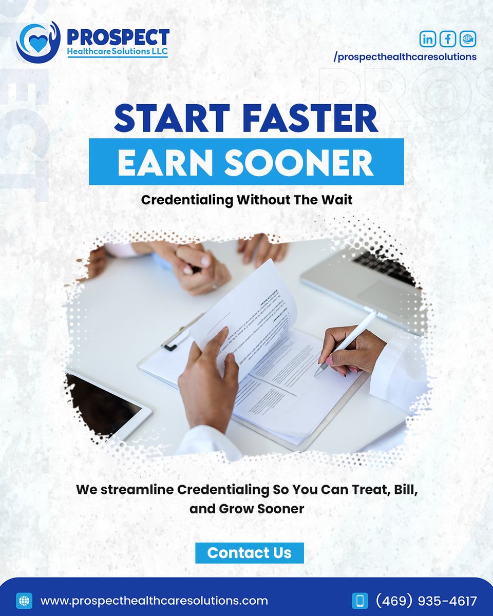 PHCS_LLC's tweet image. Credentialing can be a lengthy process. We make it faster so you can start treating patients, billing for services, and growing your practice more quickly.

Contact:
Call us: (469) 935-4617
Visit: prospecthealthcaresolutions.com

#MedicalCredentialing #StartYourPractice