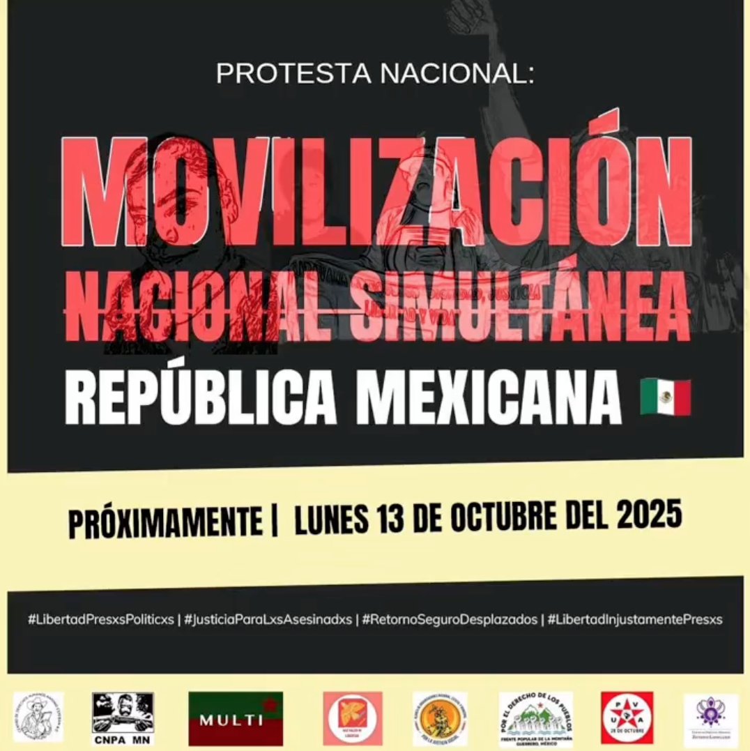 🔴| Convocan a Movilización Nacional Simultánea

El abogado Antonio Lara Duque, junto con el colectivo Haz Valer Mi Libertad, el Frente Popular de la Montaña, Guerrero, y otros colectivos, convocan a una Movilización Nacional Simultánea en toda la República Mexicana el próximo 13