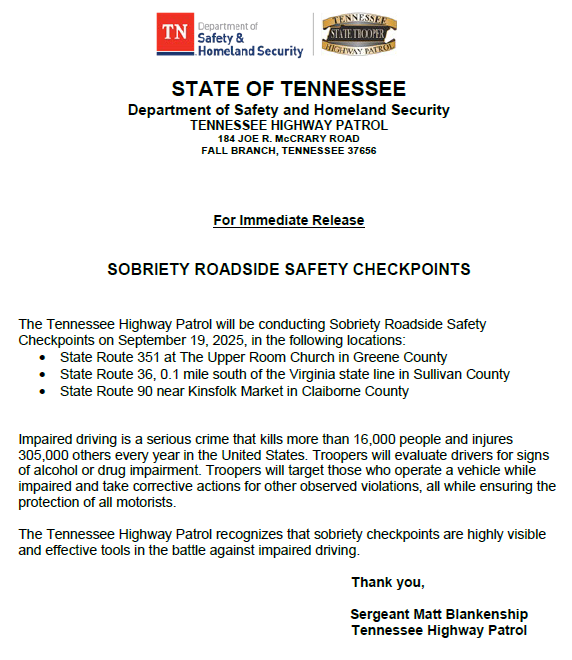 THPFallBranch's tweet image. 🔶Please see the notification below regarding an upcoming checkpoint in the Fall Branch district.🔶
#BoozeItAndLoseIt 
#DriveHighGetADUI