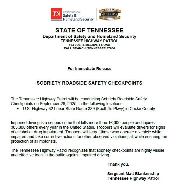 THPFallBranch's tweet image. 🔶Please see the notification below regarding an upcoming checkpoint in the Fall Branch district. 🔶 
#BoozeItAndLoseIt 
#DriveHighGetADUI