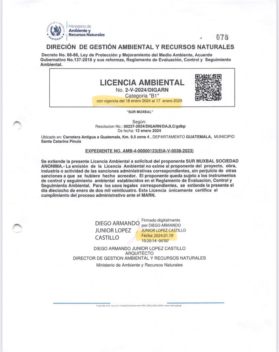 gt_vengado20573's tweet image. A @pattyo502 se le escapo que la licencia es del 19 de enero 2024, ya en este gobierno, incluida en los listados en la transición. También omite aclarar que en asesor ambiental que emitió dictamen técnico (que realmente aprueba el EIA) Leopoldo Marín, aún trabaja en @marnguate
