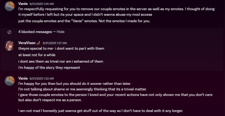 VanieVermilion's tweet photo. [Stolen Art]
She does not have permission to have my stuff in her server. This is simple to understand.
Those that are messaging me saying I should've done things privately. I did... 5x... and @verakisaragi  repeatedly said no and wants to keep them due to sentimental reasons. https://t.co/ITUKC14vxW