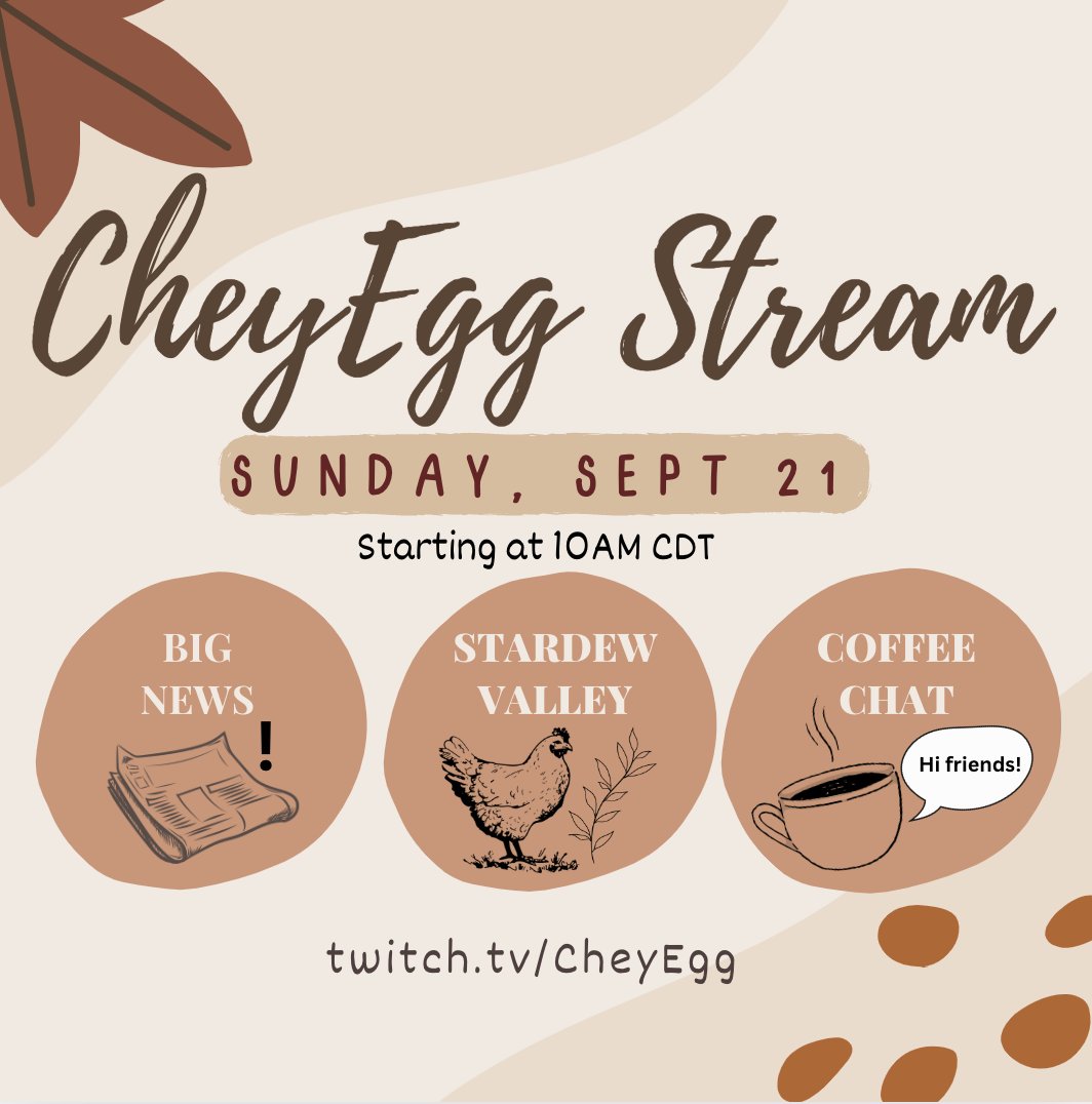 A CheyEgg stream is finally happening! Excited for a much needed catch-up this Sunday, Sept 21! 

Hope to see you there! 🥰💛