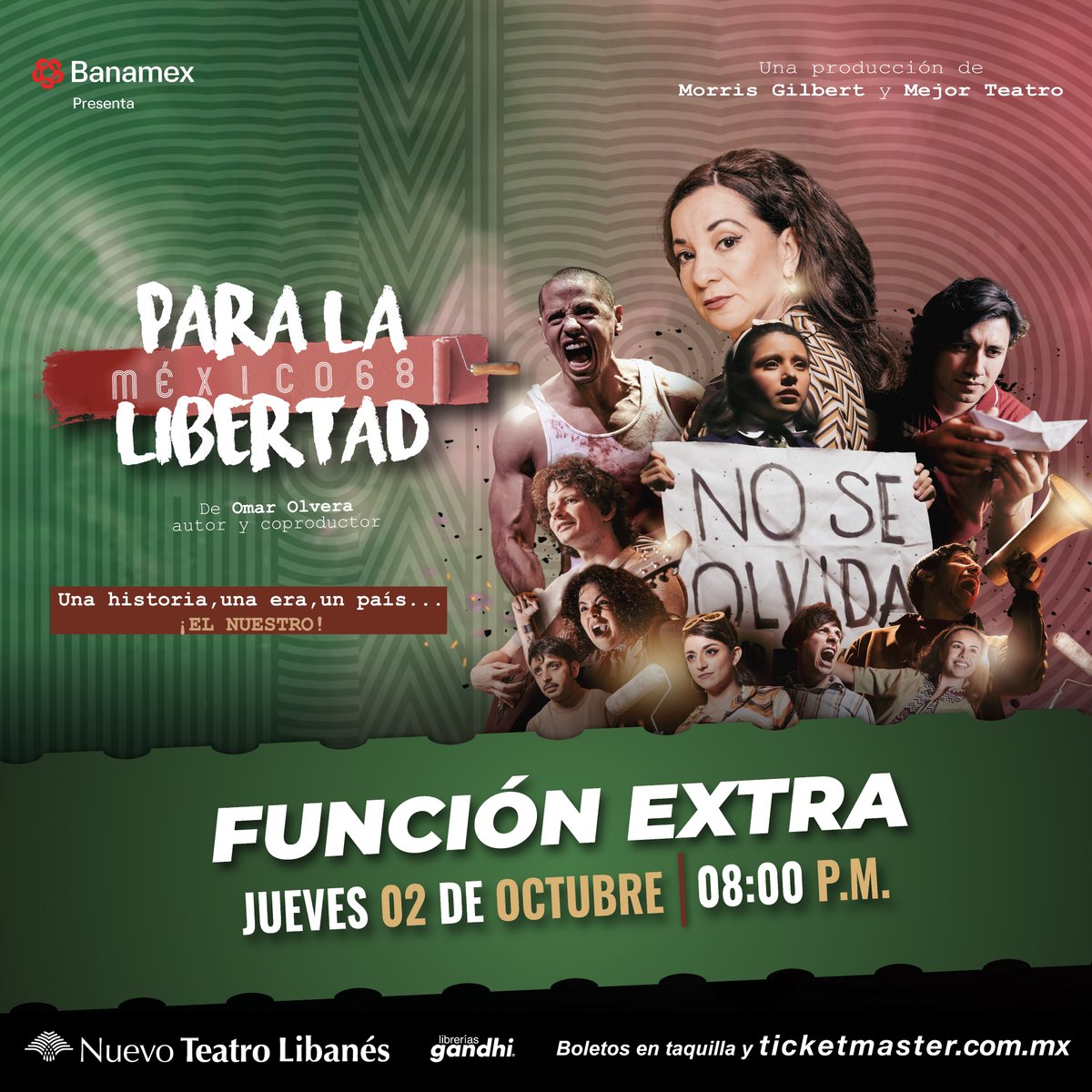 Para La Libertad. México 68 (@plalibertadmx) on Twitter photo Seguimos en pie de lucha… por eso el próximo 02 de octubre hay función extra de #ParaLaLibertad: México 68. ¡Adquiere tus boletos antes de que se agoten!
❤️🔥 #DosDeOctubreNoSeOlvida
📍 Nuevo Teatro Libanés
📆 Jue. 02 de oct. | ⏰ 8:00 p.m.
🎟️ f.mtr.cool/cadtjkpnmu Seguimos en pie de lucha… por eso el próximo 02 de octubre hay función extra de #ParaLaLibertad: México 68. ¡Adquiere tus boletos antes de que se agoten!
❤️🔥 #DosDeOctubreNoSeOlvida
📍 Nuevo Teatro Libanés
📆 Jue. 02 de oct. | ⏰ 8:00 p.m.
🎟️ f.mtr.cool/cadtjkpnmu
