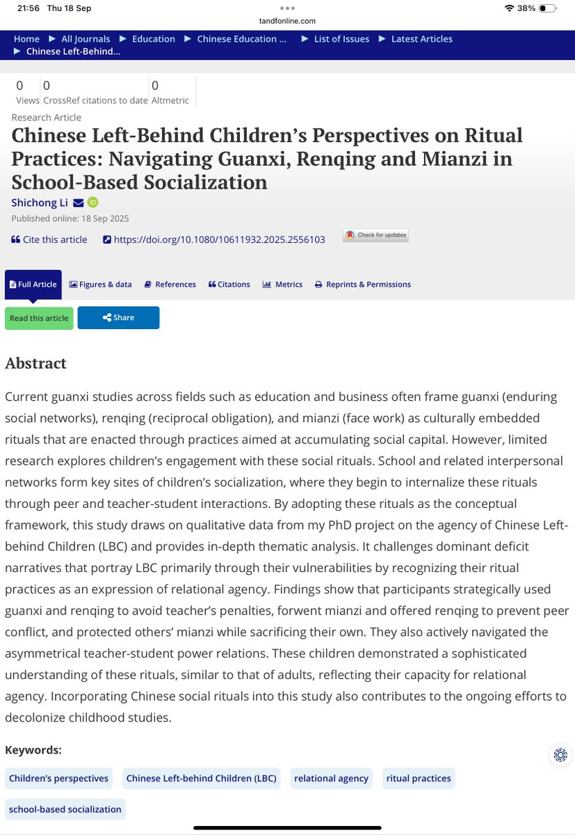 Excited to share my first single-authored article! 🎉 It explores Chinese Left-behind Children’s ritual practices through guanxi (关系), renqing (人情), and mianzi (面子), highlighting their relational agency.