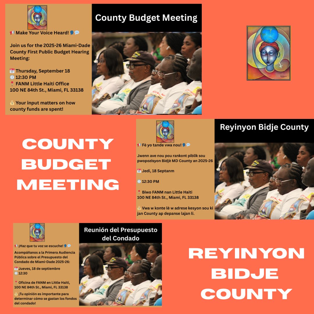 FANMOrg's tweet photo. 📢 Make Your Voice Heard! 🗣️💬
Join FANM for the 2025-26 Miami-Dade County 2nd Public Budget Hearing Meeting:
📅 Today
🕕 5:00 PM
📍 Stephen P Clark Center
111 NW 1st St, #Miami, FL 33128
💰 Your input matters on how
county funds r spent!
#FANMAdvisory
#PublicBudgetHearing https://t.co/tUERDHAByx