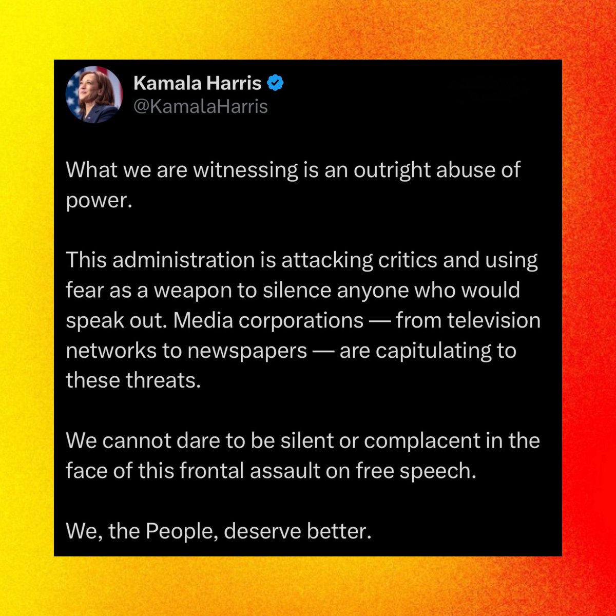 Kamala Harris reacts to ‘Jimmy Kimmel Live!’ being pulled off the air:

“This administration is attacking critics and using fear as a weapon to silence anyone who would speak out. Media corporations — from television networks to newspapers — are capitulating to these threats.”