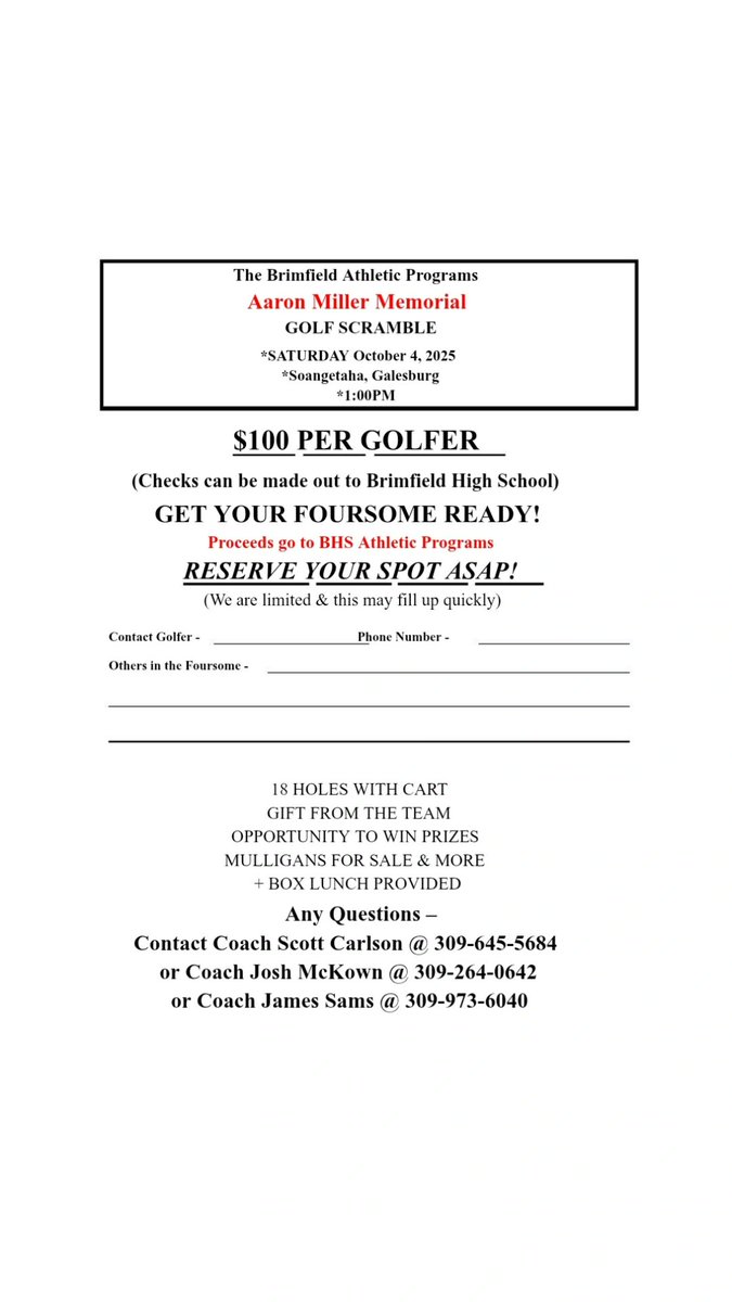 In 16 days, the BHS Athletic Programs Aaron Miller Memorial Golf Scramble tees off (10/4 1:00)
Don't miss out! ⛳️