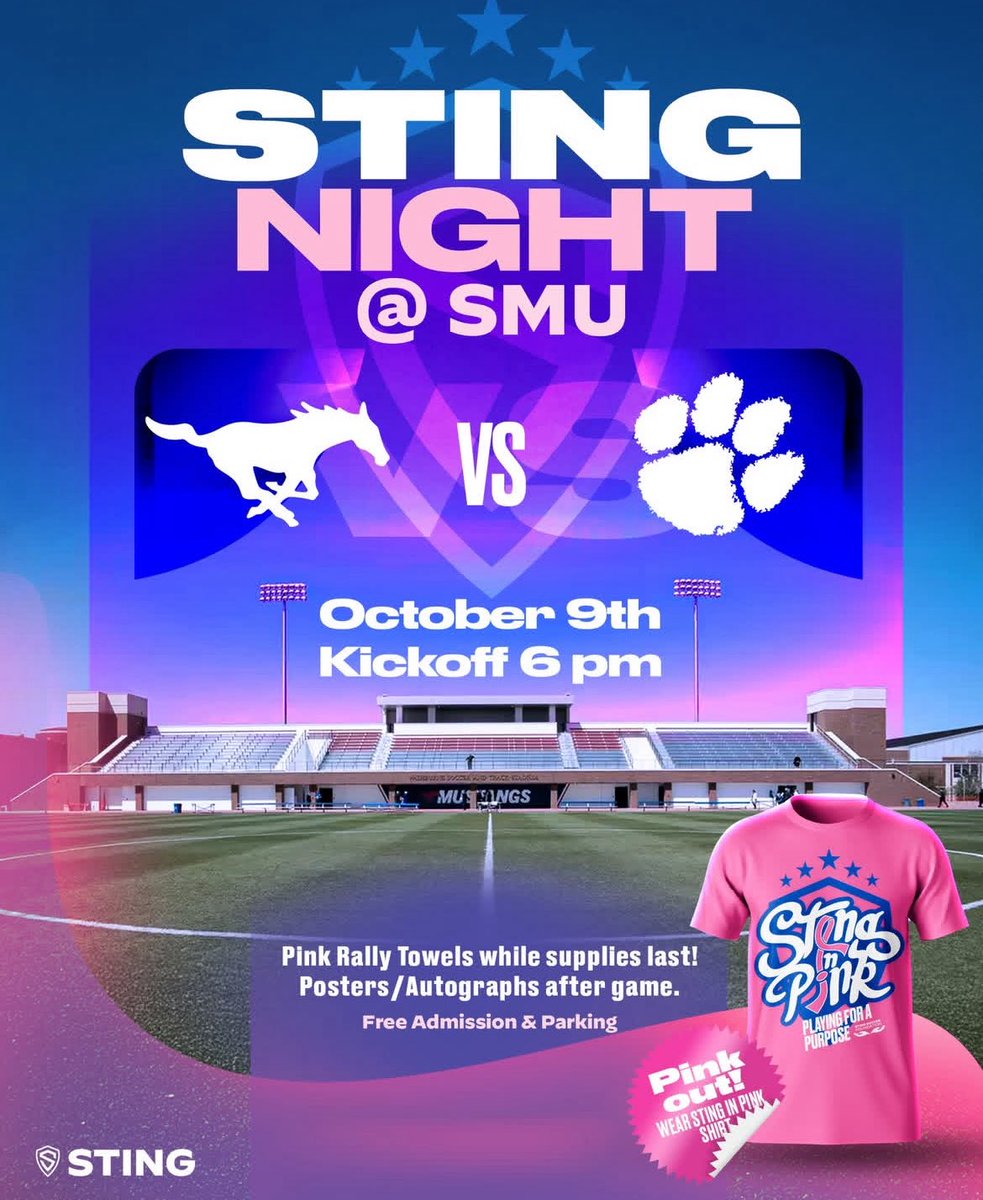 Sting in Pink October 9th at SMU!
Wear pink and come cheer on your SMU Mustangs as they take on Clemson.
#PonyUp #PinkOut 
<a href="/SMUMustangs/">SMU Athletics</a> <a href="/SMUSoccerW/">SMU Women's Soccer</a>