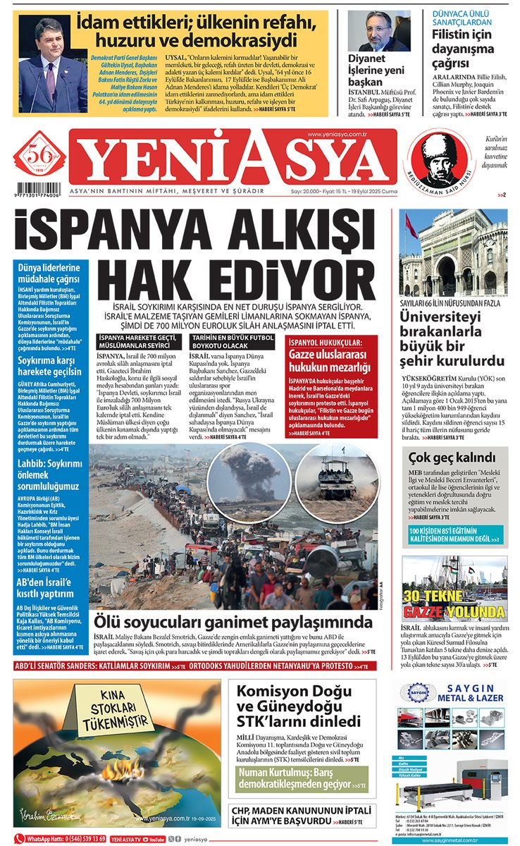 19 Eylül 2025 Yeni Asya 1. Sayfa yeniasya.com.tr/e-gazete/