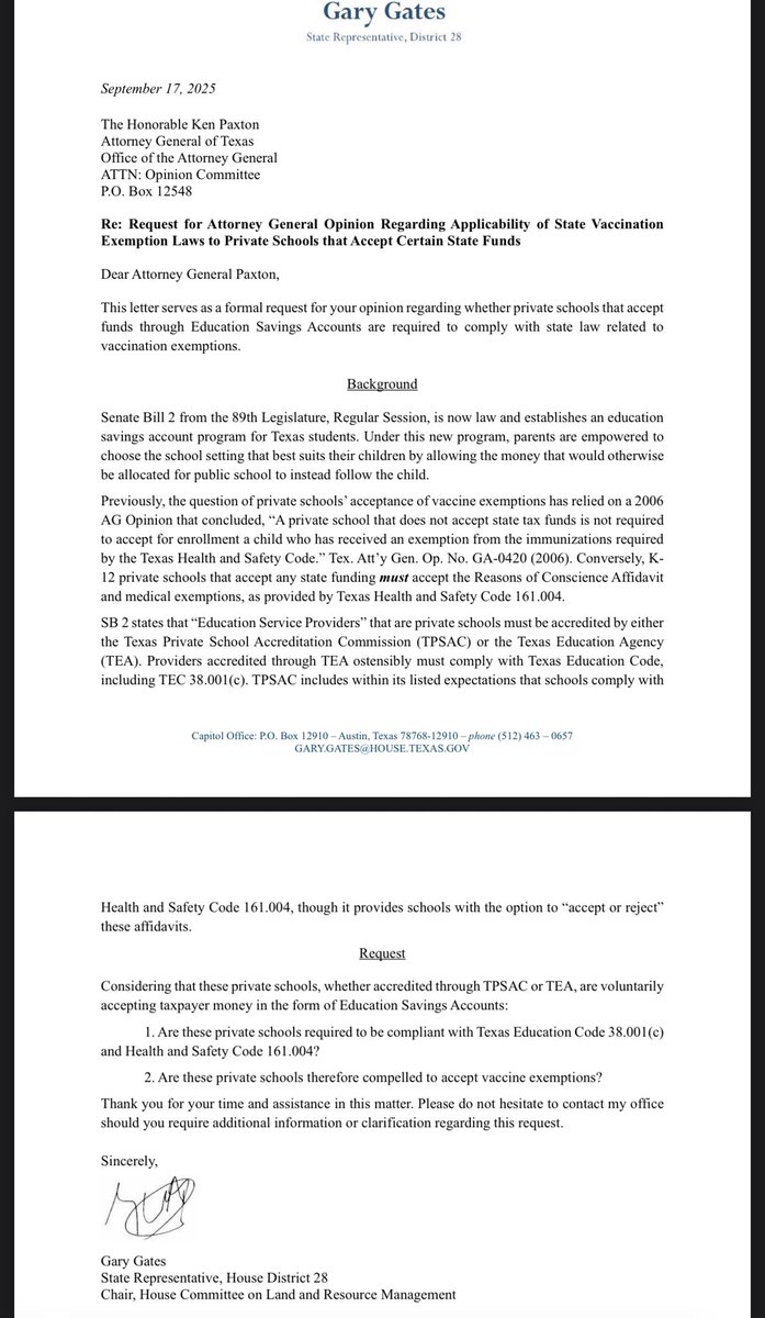 ThinkerMichelle's tweet image. BREAKING: Attorney General @KenPaxtonTX announces receipt of an opinion request submitted by Chairman Gates to clarify whether schools receiving ESA funds must comply with state vaccine exemption policies. #txlege
