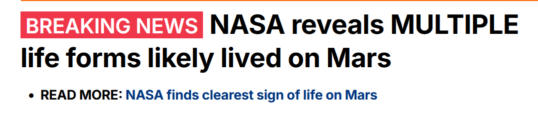 wow36932525's tweet photo. BREAKING:

NASA reveals MULTIPLE life forms likely lived on Mars

https://t.co/CZSoNf16i3 https://t.co/CDcaliMYYA