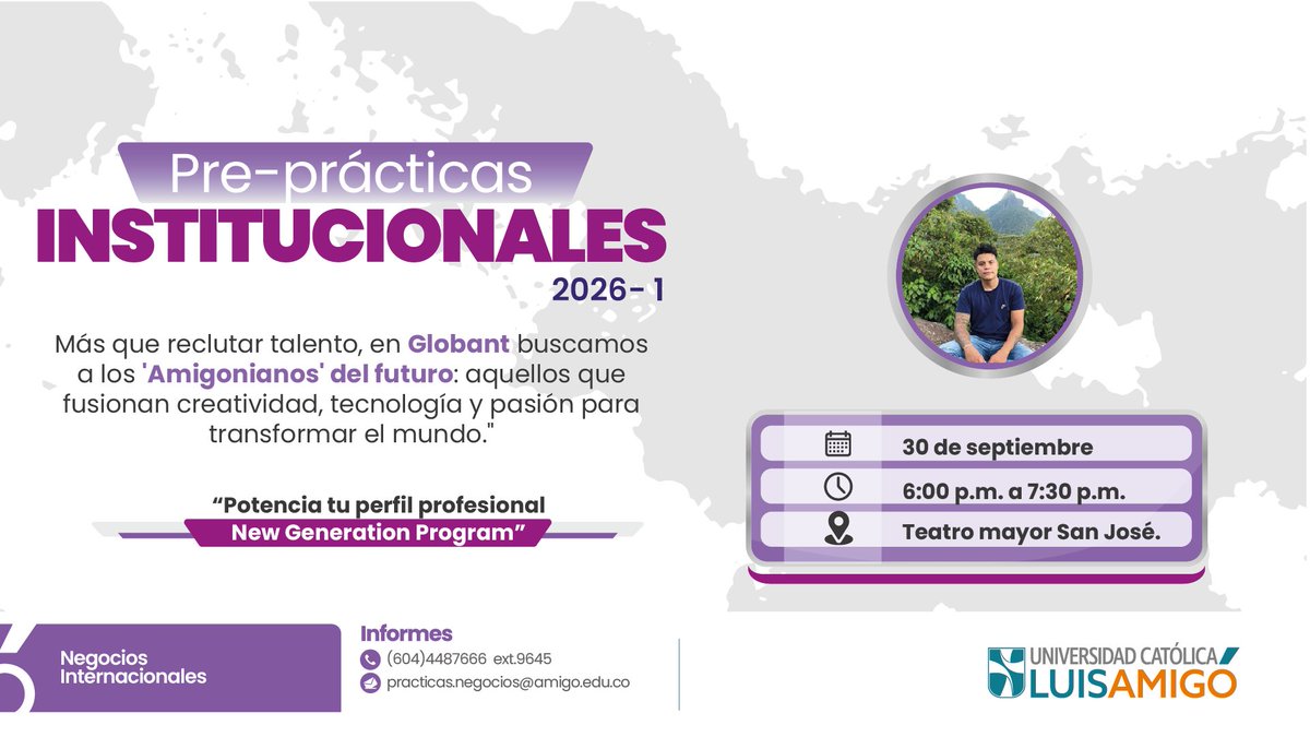 🎯 ¡Potencia tu perfil profesional! Las Pre-prácticas Institucionales 2026-1 llegan de la mano de Globant, una oportunidad para fortalecer tu perfil, aumentar tu competitividad y prepararte para una transición exitosa al mercado laboral.
🔗 ¡No te lo pierdas!

#ULuisAmigó